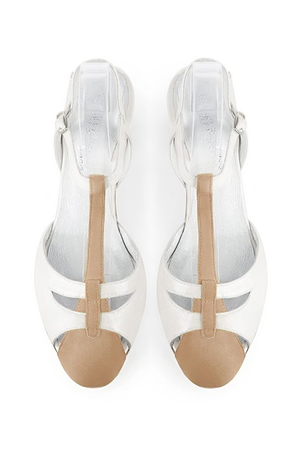 Tan beige and off white women's open back T-strap shoes. Round toe. High block heels. Top view - Florence KOOIJMAN